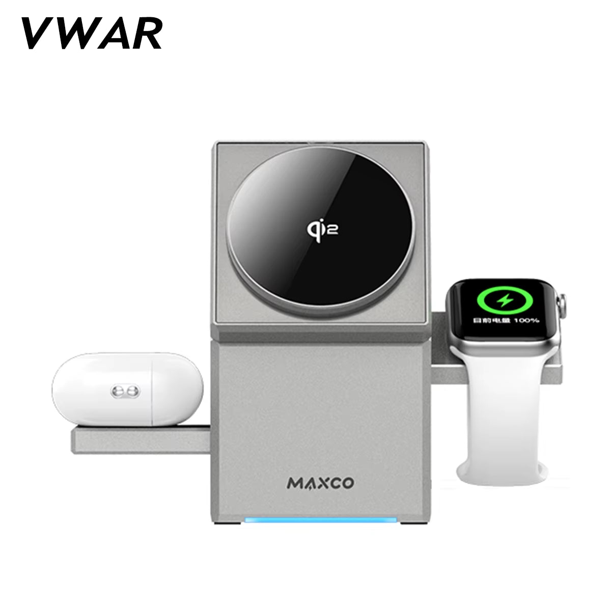 MAXCO Qi2 3-in-1 Wireless Charging Station with Auto-Rotating Phone Dock for MagSafe-Compatible iPhone, Apple Watch Ultra 2, and AirPods